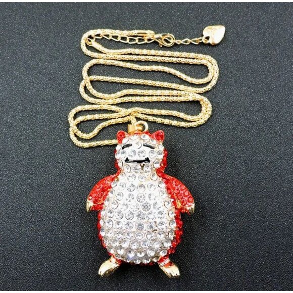 Betsey Johnson Necklace Gold Tone Orange & White Crystal Fat Cat Pendant - Picture 1 of 2